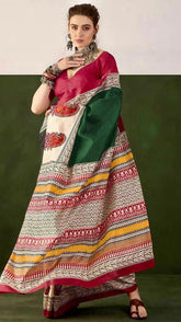Green and Beige Ajrakh Hand Blocked Pure Cotton Saree